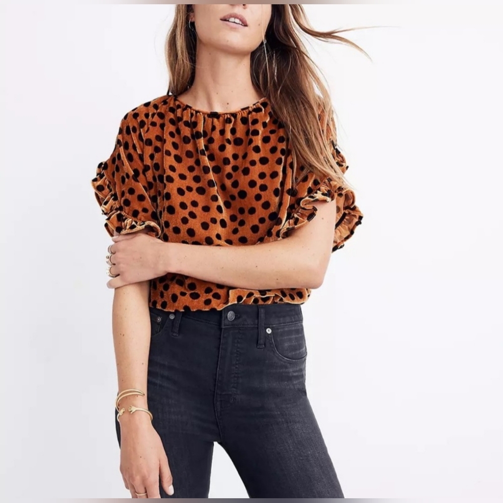 Madewell short sleeve velvet orange and black polka dot blouse size small